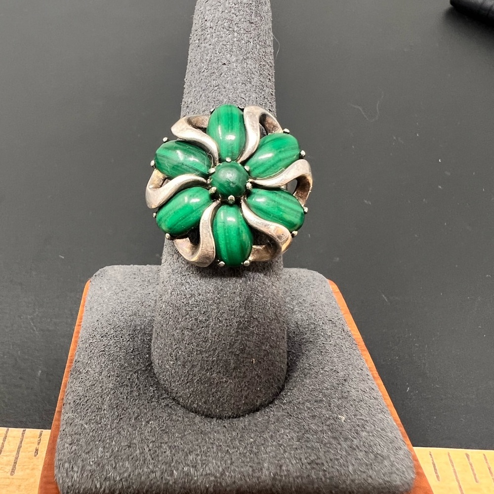Vintage Sterling Silver Malachite Stone 925 Wreath ring